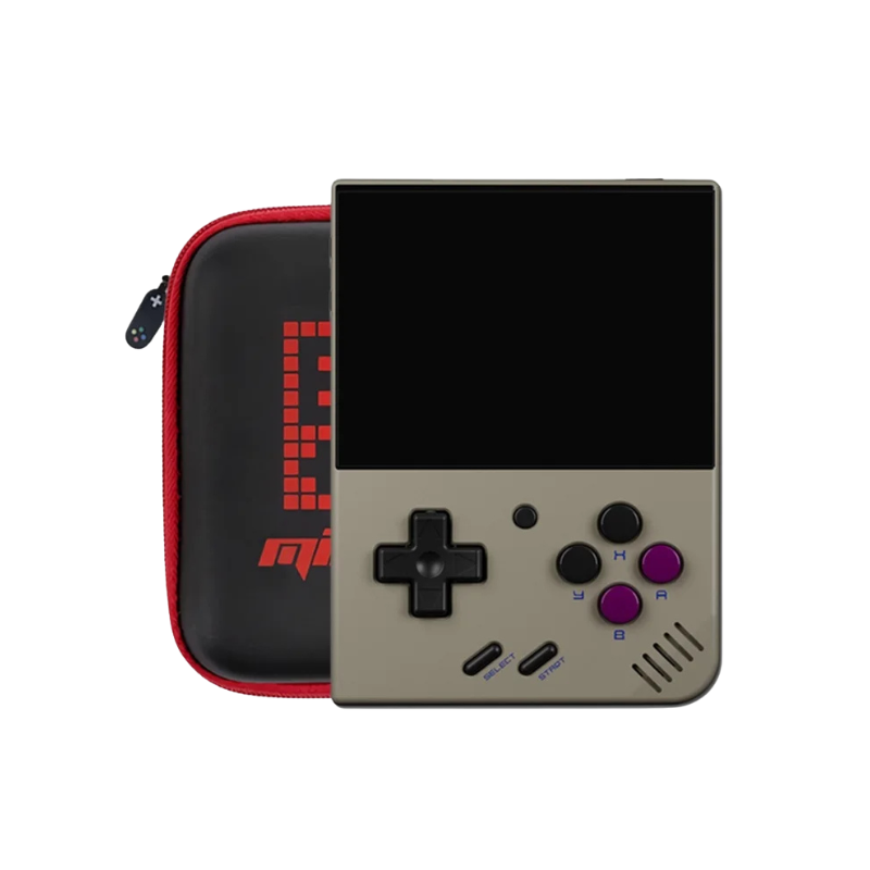 Console portatile retrò con schermo IPS da 3,5 pollici, D-Pad nero e pulsanti viola, custodia rossa.