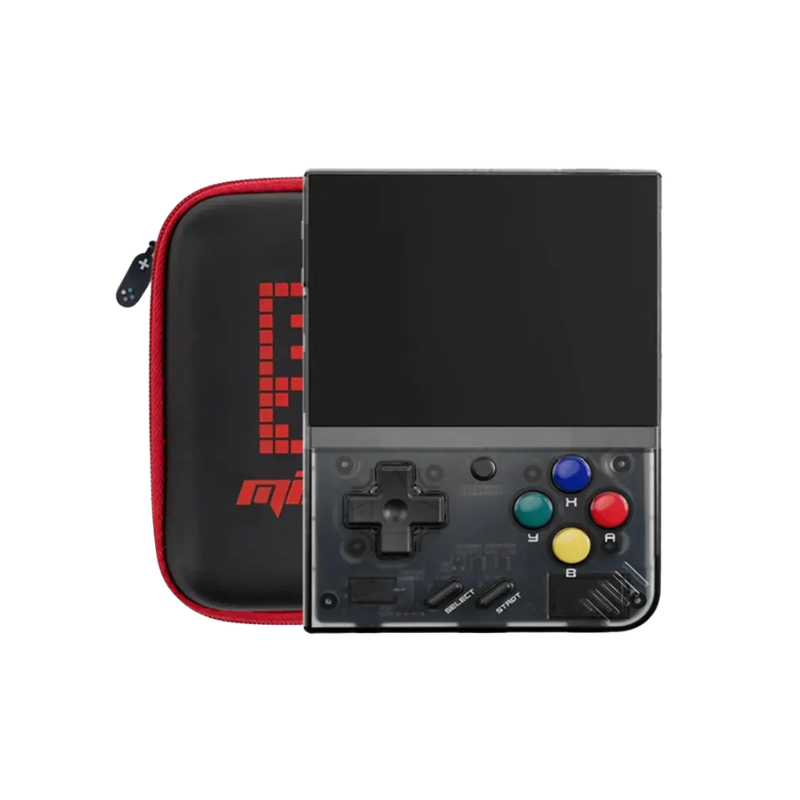 Console portatile retrò con schermo IPS HD da 3,5", D‑pad e pulsanti colorati, variante grigio/nero.