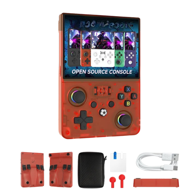 Console portatile retrò da 4,5'' con schermo IPS 1024x768, 2 joystick, sistema Linux open source, accessori inclusi.