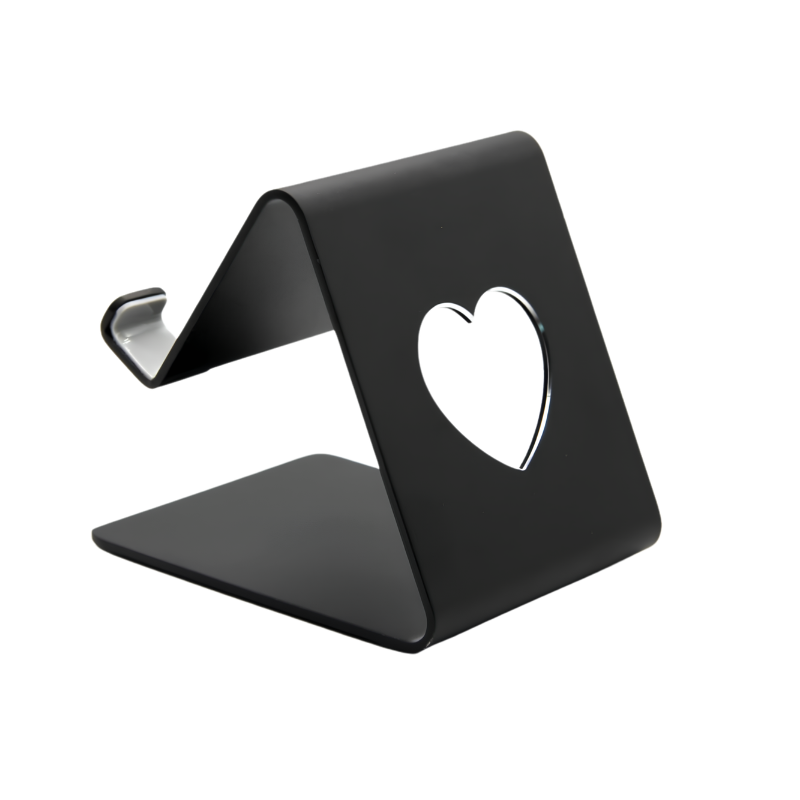 Supporto in lega di alluminio per smartphone e tablet con foro a cuore, nero.