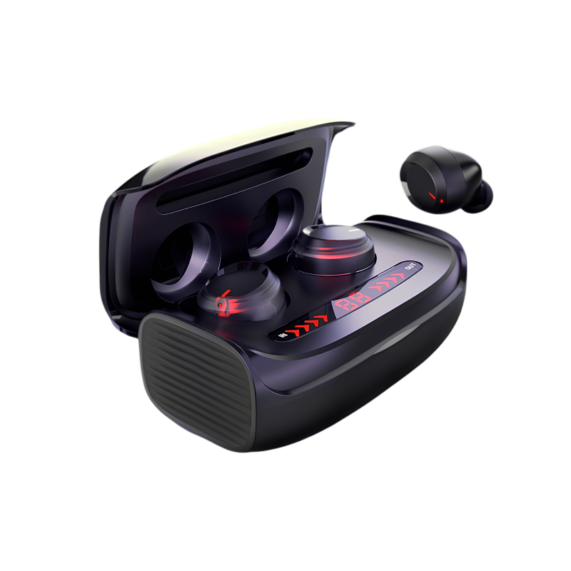 Auricolari wireless Bluetooth 5.0 in custodia con display batteria, controllo vocale e multipunto stereo.