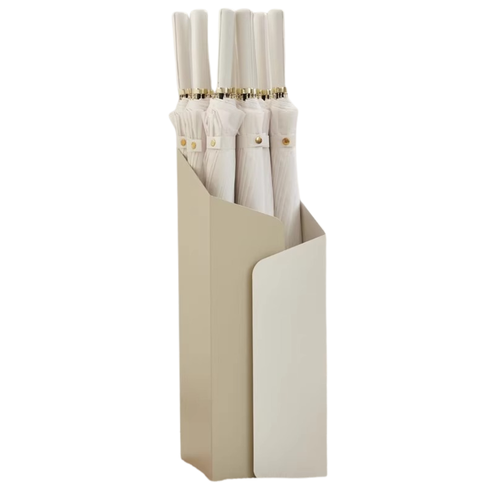 Portaombrelli in metallo avorio e bianco, con secchio drenante, stile minimalista, uso commerciale, dimensioni 56x22.5x20 cm