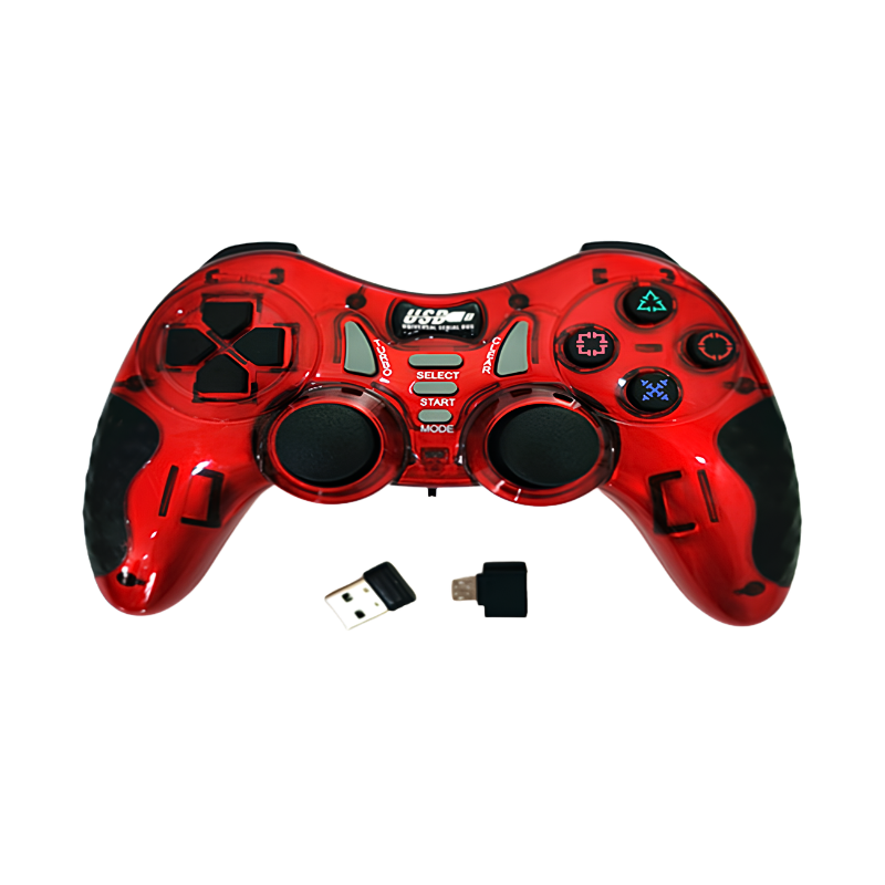 Controller wireless da gioco rosso e grigio con dongle USB, dimensioni 15,6×10×6,3 cm, confezione blister colorata