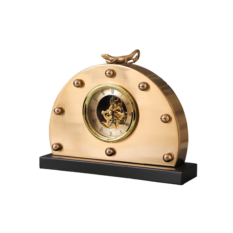 Orologio da tavolo dorato in stile europeo, pendolo e meccanismo visibile, ornamento uccello, base nera