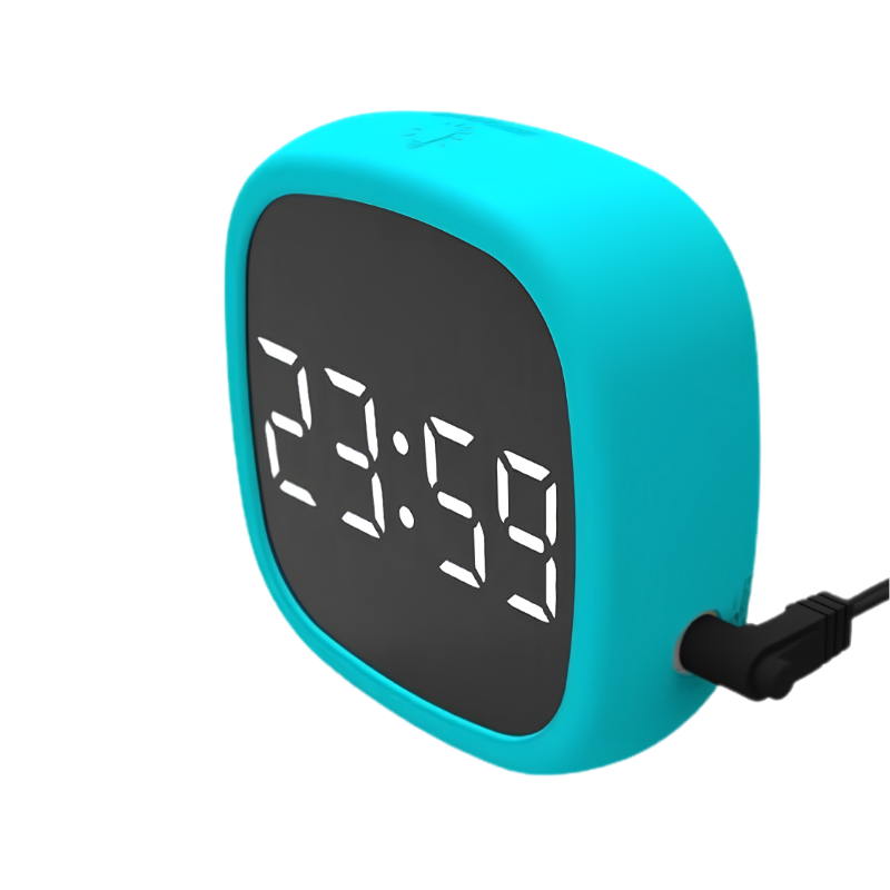Orologio da tavolo LED azzurro con display digitale ovale, sveglia decorativa per scrivania o comodino