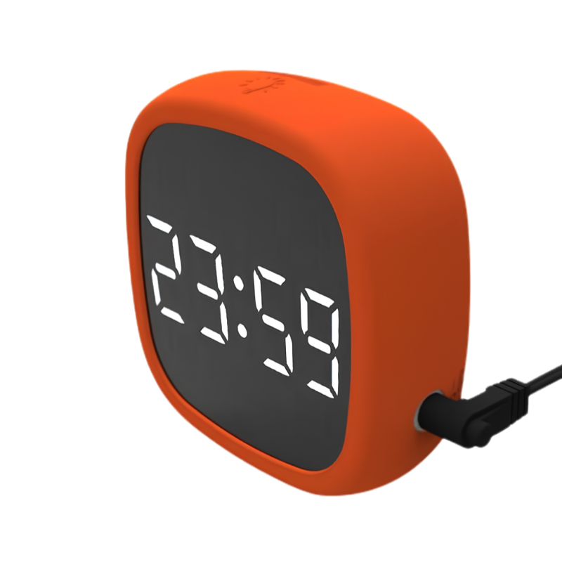 Orologio da tavolo LED arancione con schermo digitale bianco, sveglia e decorazione moderna per soggiorno o studio