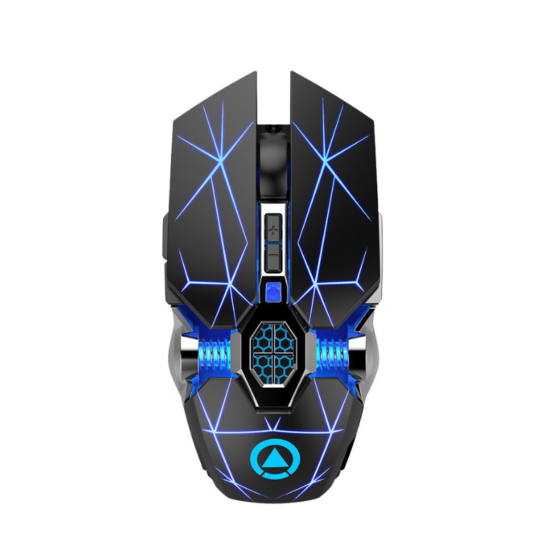 Mouse wireless da gioco silenzioso, superficie nera satinata, LED blu, corpo ergonomico e ricaricabile.