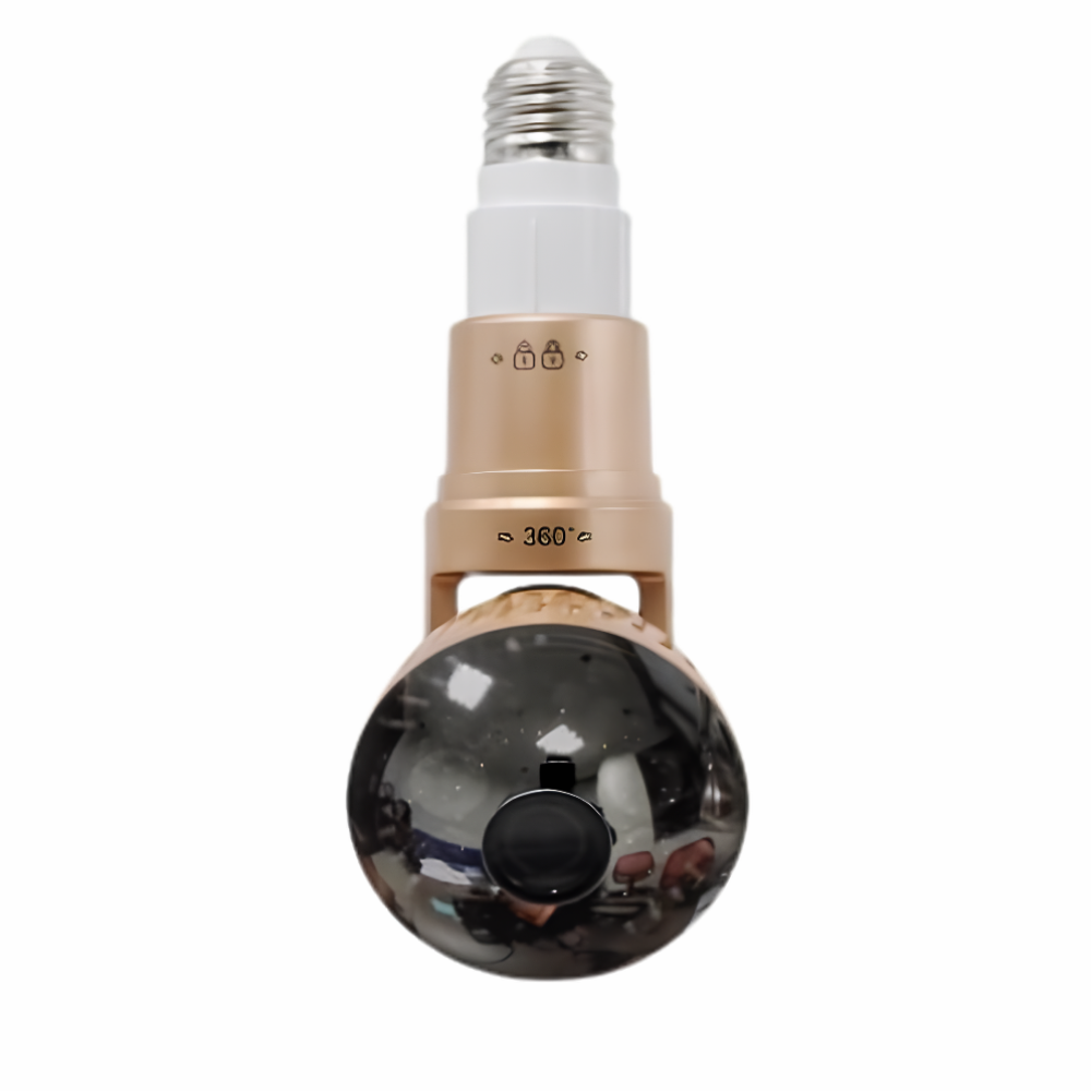 Lampadina con telecamera di sicurezza WiFi dorata, lente 2.8 mm, memoria 16/32 GB, angolo largo, garanzia 1 anno