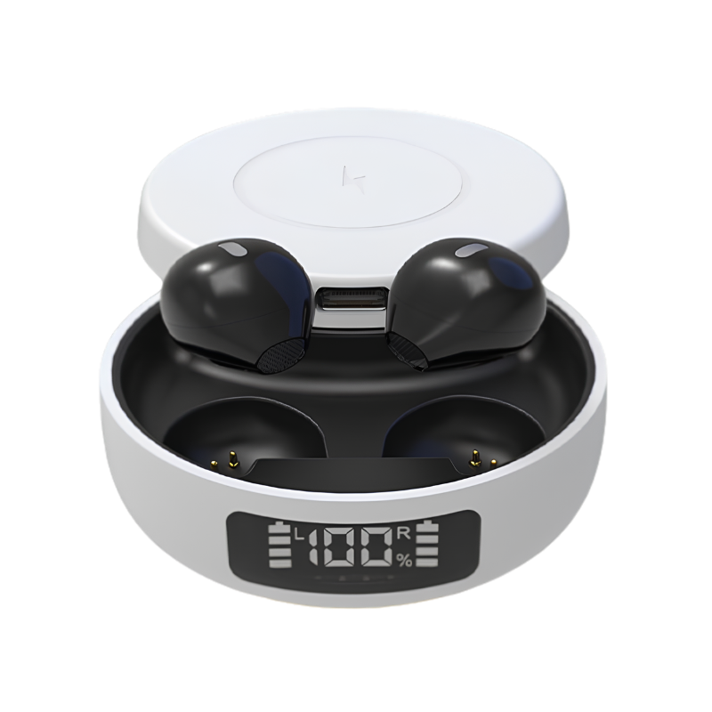 Auricolari wireless Bluetooth 5.0 stereo in custodia di ricarica bianca con schermo batteria al 100%