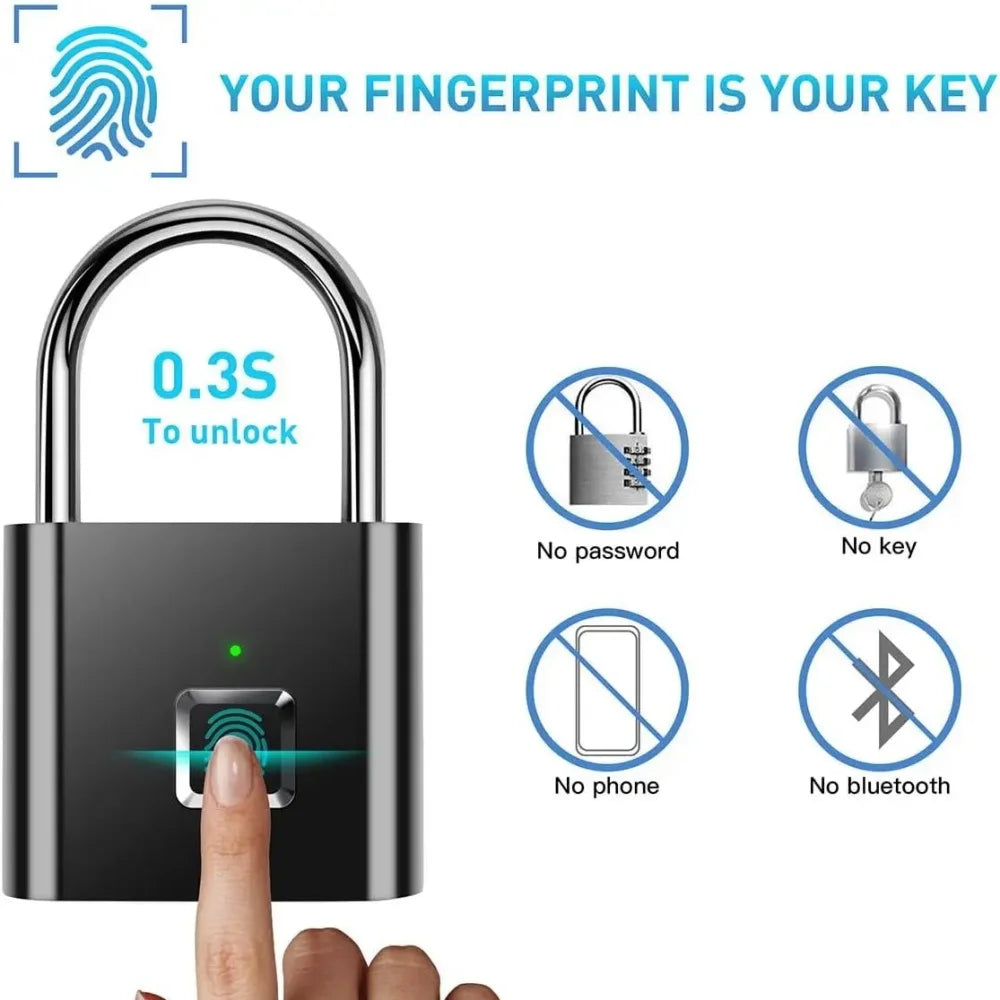 Lucchetto Impronta Digitale 20 Impronte Registrabili Batteria Ricaricabile USB Zinco Nero Argento Sicurezza Prontezione - POWER SMARTECH