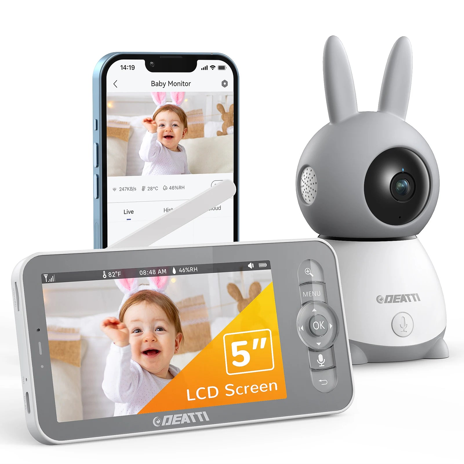 Baby Monitor Camera Wireless Telefono Camera Letto Grigio Bianco Sicurezza Bambini