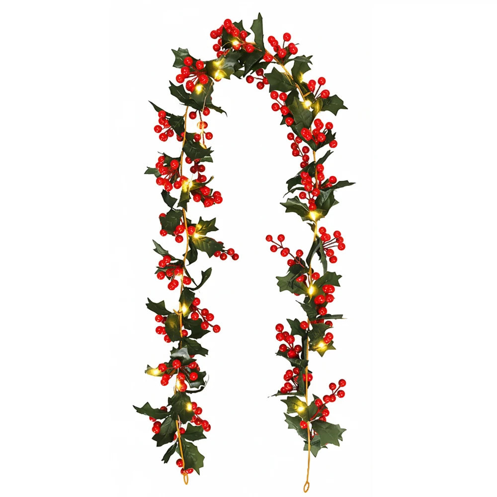 Ghirlanda Luci Bacche Rosse Luce Calda Colore Verde Lunghezza 175cm