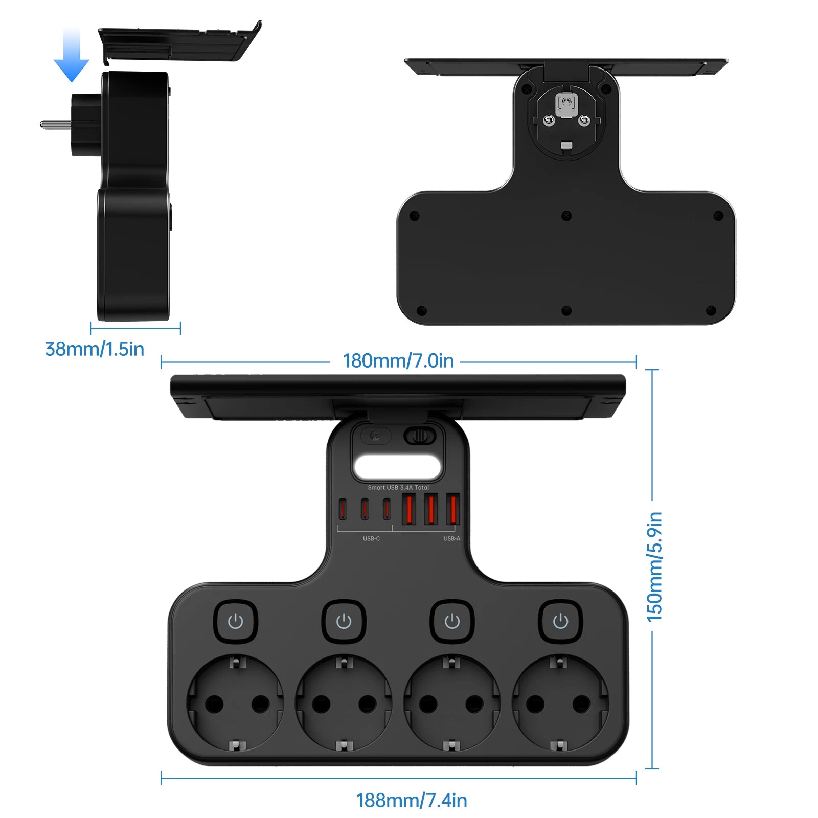 Multipresa da 4000W con spina EU, prese europee, luce notturna, interruttore indipendente e porte USB-C