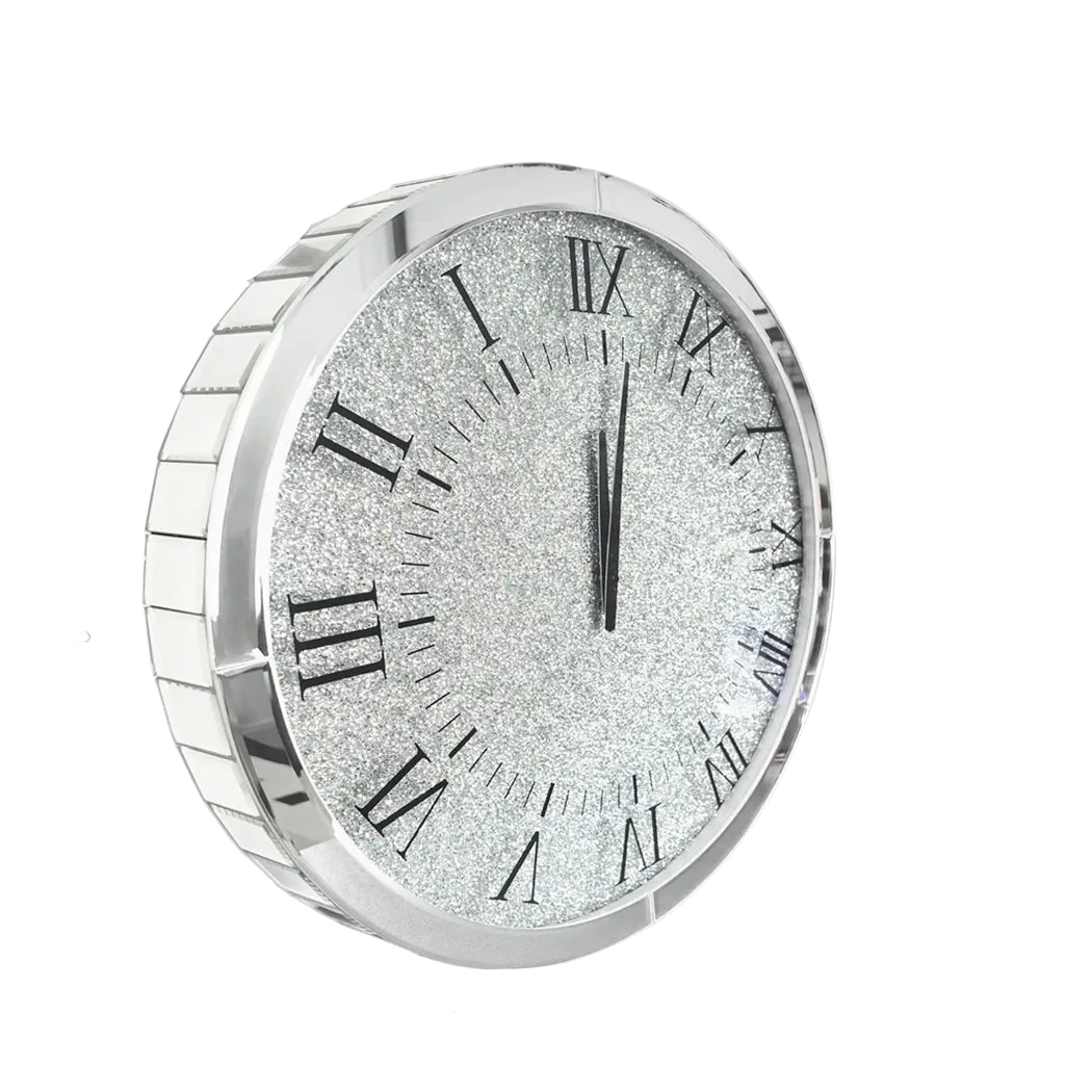 Orologio Parete Colore Argento Vetro Brillantinato Delicato Decorazione