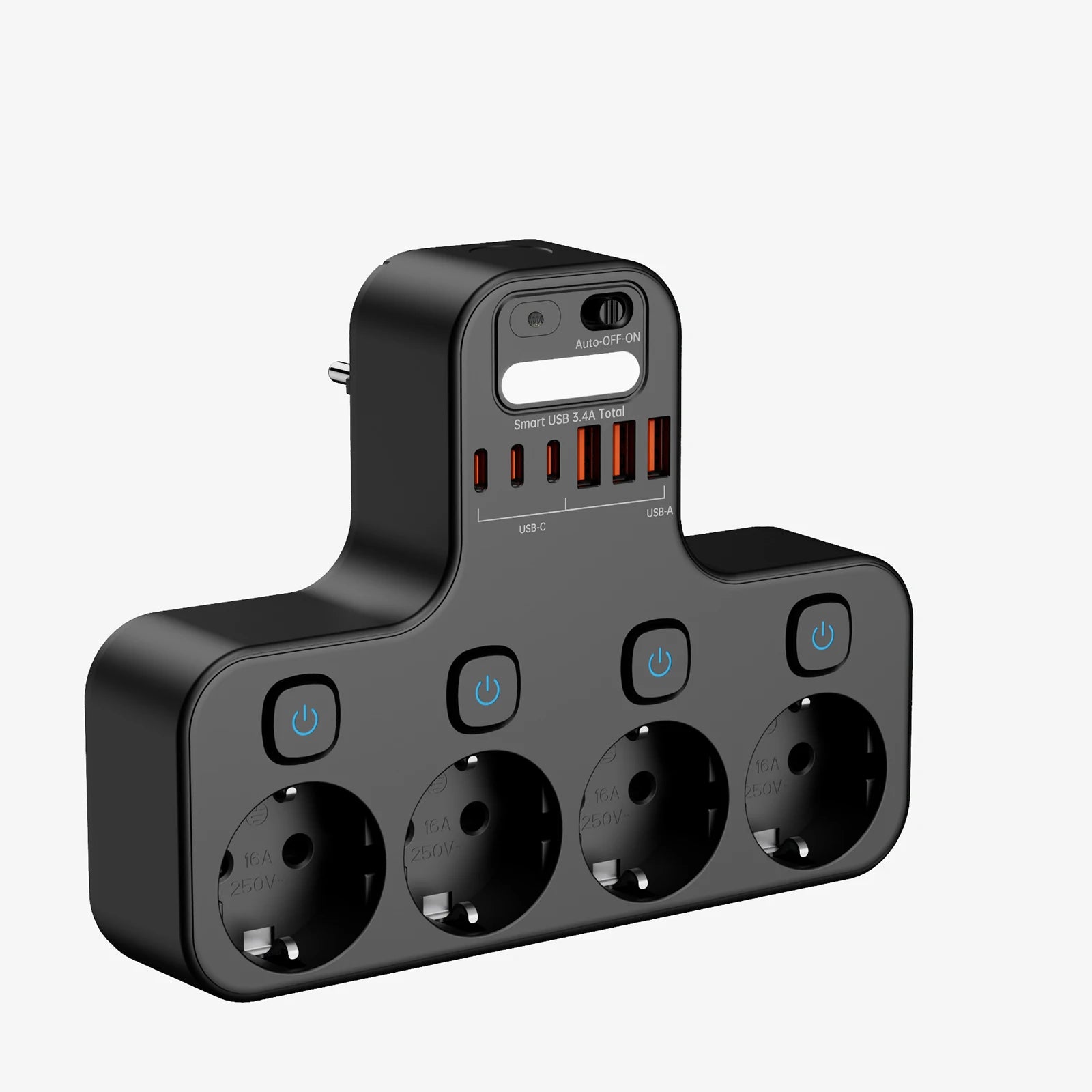 Multipresa EU con sei prese Schuko, porte USB-C e USB-A, interruttore indipendente e luce notturna, corpo nero