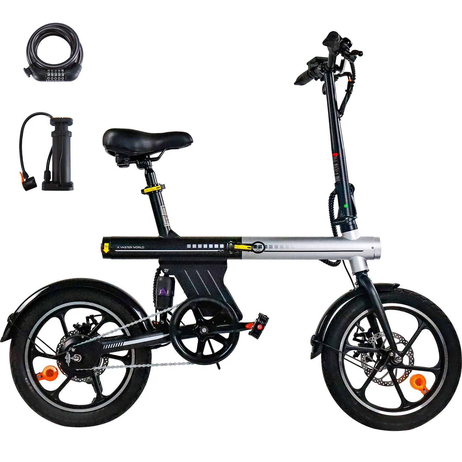 Bici elettrica pieghevole unisex da 16 pollici, batteria 36V 12.8Ah, autonomia 60 km, tre modalità e sella regolabile.