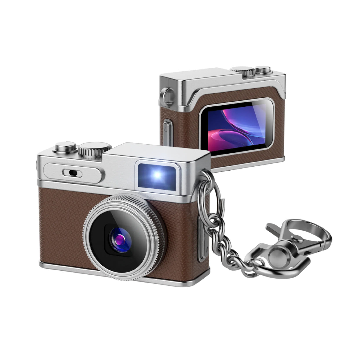 Mini camera retro portatile con catenella, design vintage per foto e video HD durante i viaggi e le attività all'aperto.