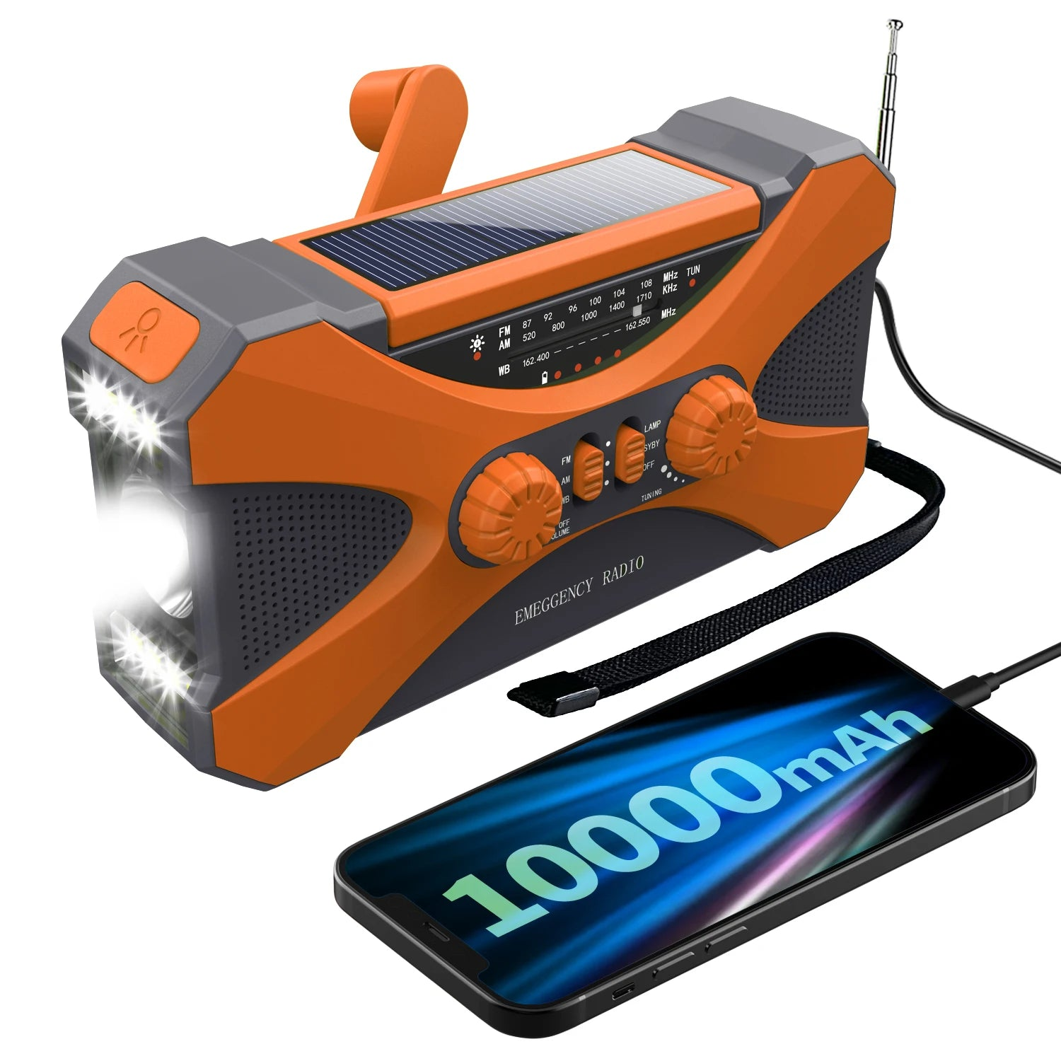 Radio Emergenza 10000 mAh Radio Solare Manovella Radio Meteorologica Portatile Caricatore Telefono Torcia LED