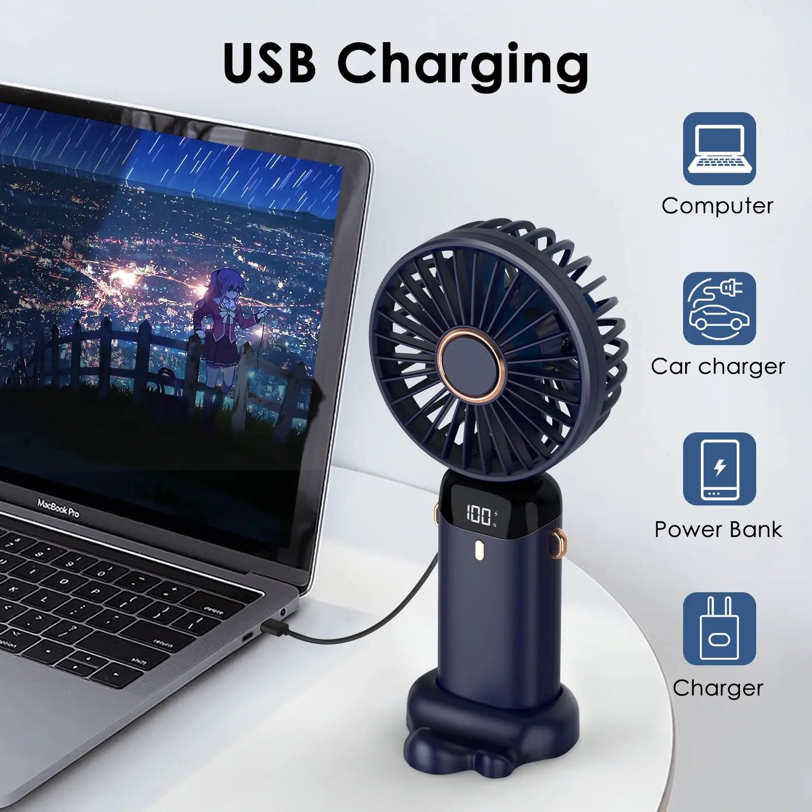 Ventilatore Portatile Elettronico USB Ricaricabile Display Digitale 5 Velocità Ventilazione Diversi Colori Elettrodomestici Climatizzazione - POWER SMARTECH