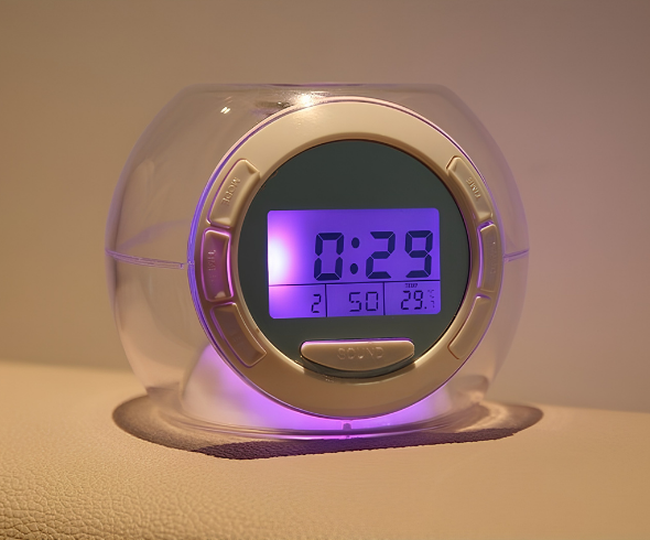Sveglia circolare colorata con display viola, cambio colore a ciclo e suoni naturali.