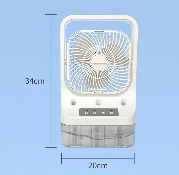 Ventilatore rinfrescante USB ricaricabile con serbatoio d'acqua su sfondo azzurro, testa regolabile e luci notturne colorate, misura 34x20cm