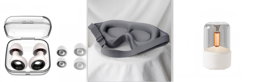 Auricolari wireless con custodia, maschera per occhi grigia e lampada LED a candela e tappi per orecchie con custodia