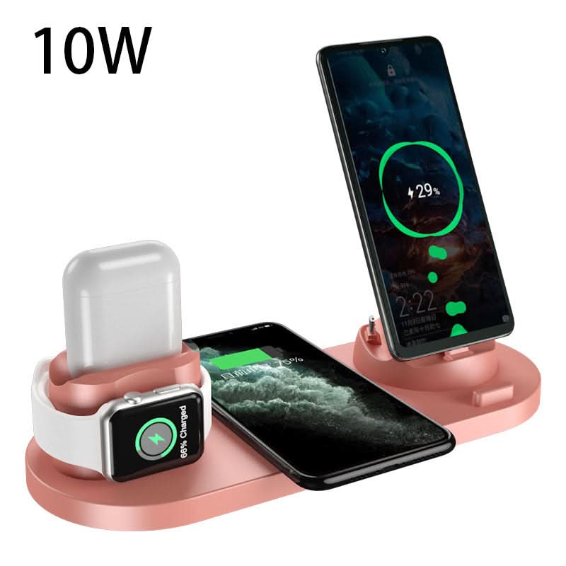 Dock di ricarica wireless 6 in 1 rosa per smartphone, orologio e auricolari, compatibile USB, indicatore LED