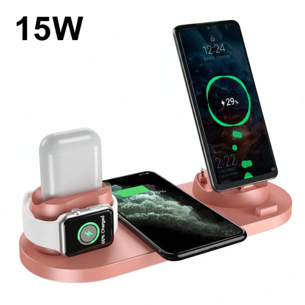 Dock di ricarica wireless 6 in 1 rosa per smartphone, orologio e auricolari, compatibile USB, indicatore LED