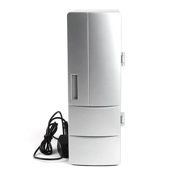 Mini frigorifero USB a doppia funzione freddo/caldo, alimentato a 5V USB, 10W, contiene due bevande, cavo incluso.