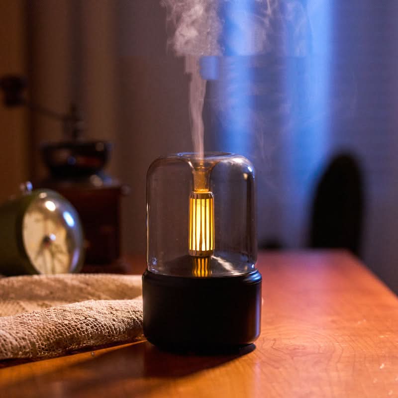 Diffusore umidificatore USB 120ml, 8-12h, con luce a candela, olio diretto, vapore freddo, chip integrato, LED notte