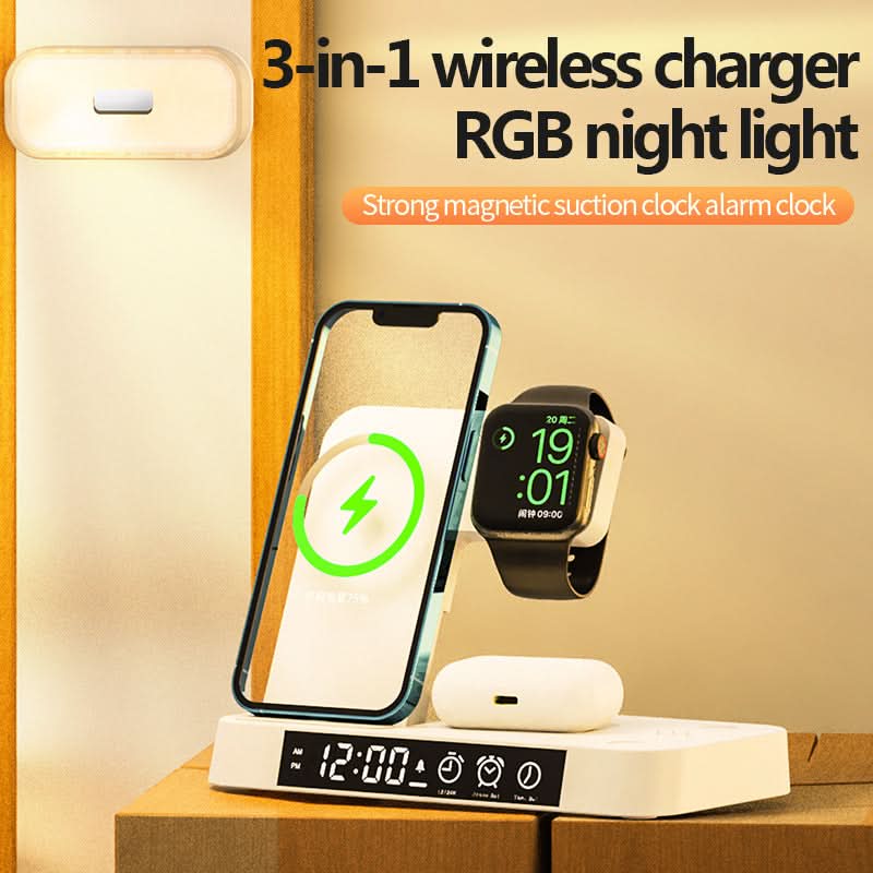 Stazione di ricarica wireless 4-in-1 con sveglia digitale, supporto pieghevole e luce RGB notturna