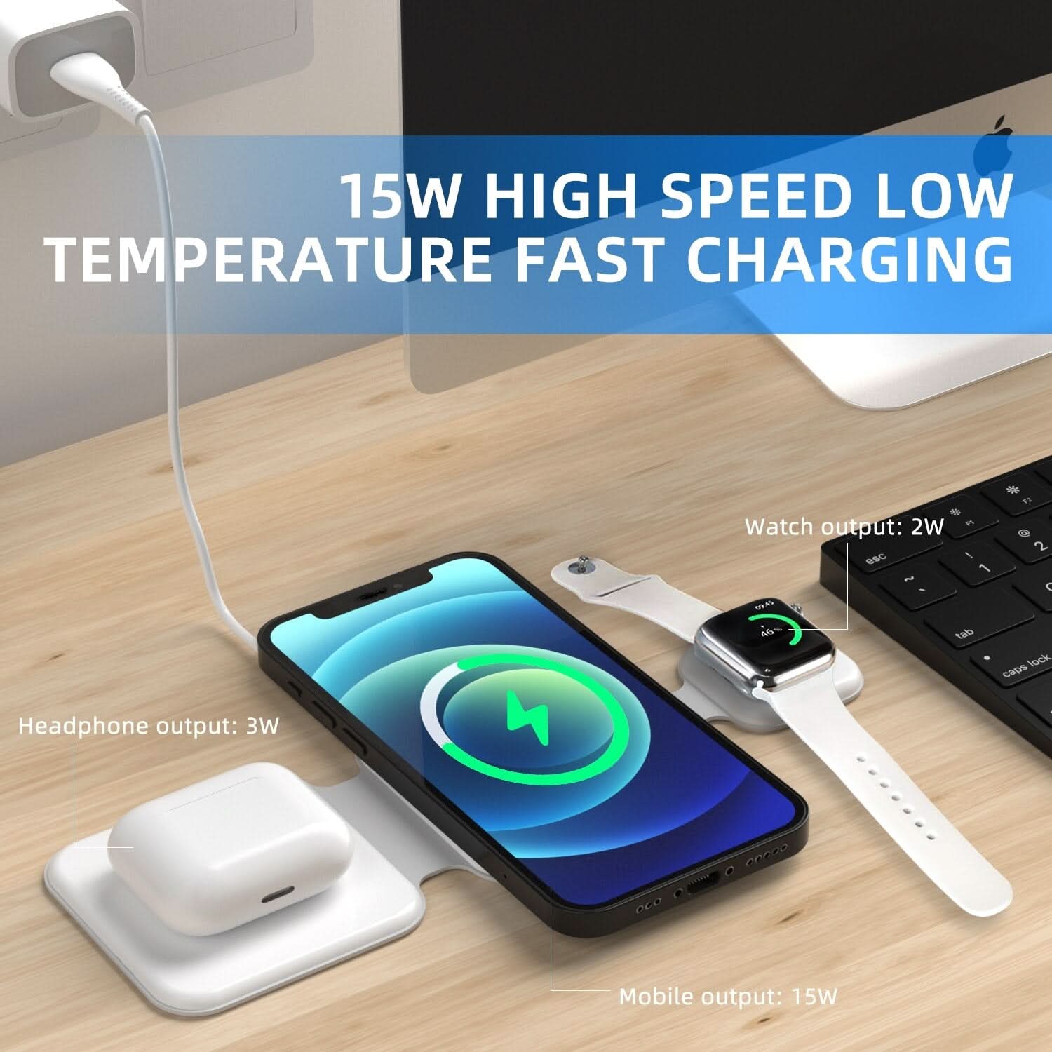 Stazione di ricarica wireless 3-in-1 magnetica pieghevole per smartphone, orologi e auricolari, fino a 15W.