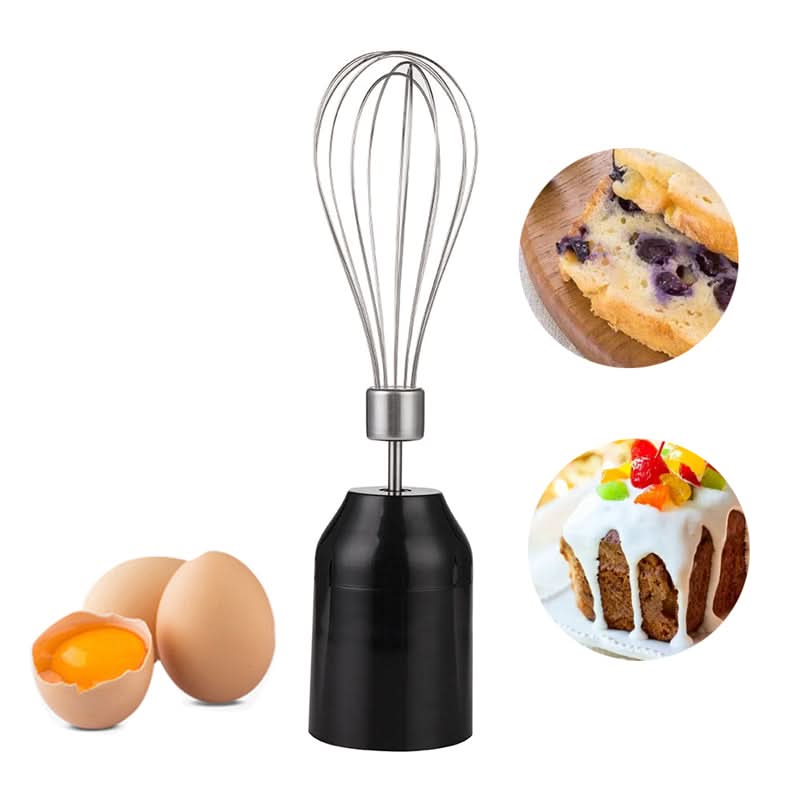 Baby Multifunctional Food Machine Mixer Processor: frusta in acciaio su corpo nero con base, accanto a uova e dolci