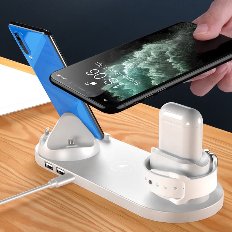 Dock di ricarica wireless 6 in 1 per smartphone, orologio e auricolari con hub USB.