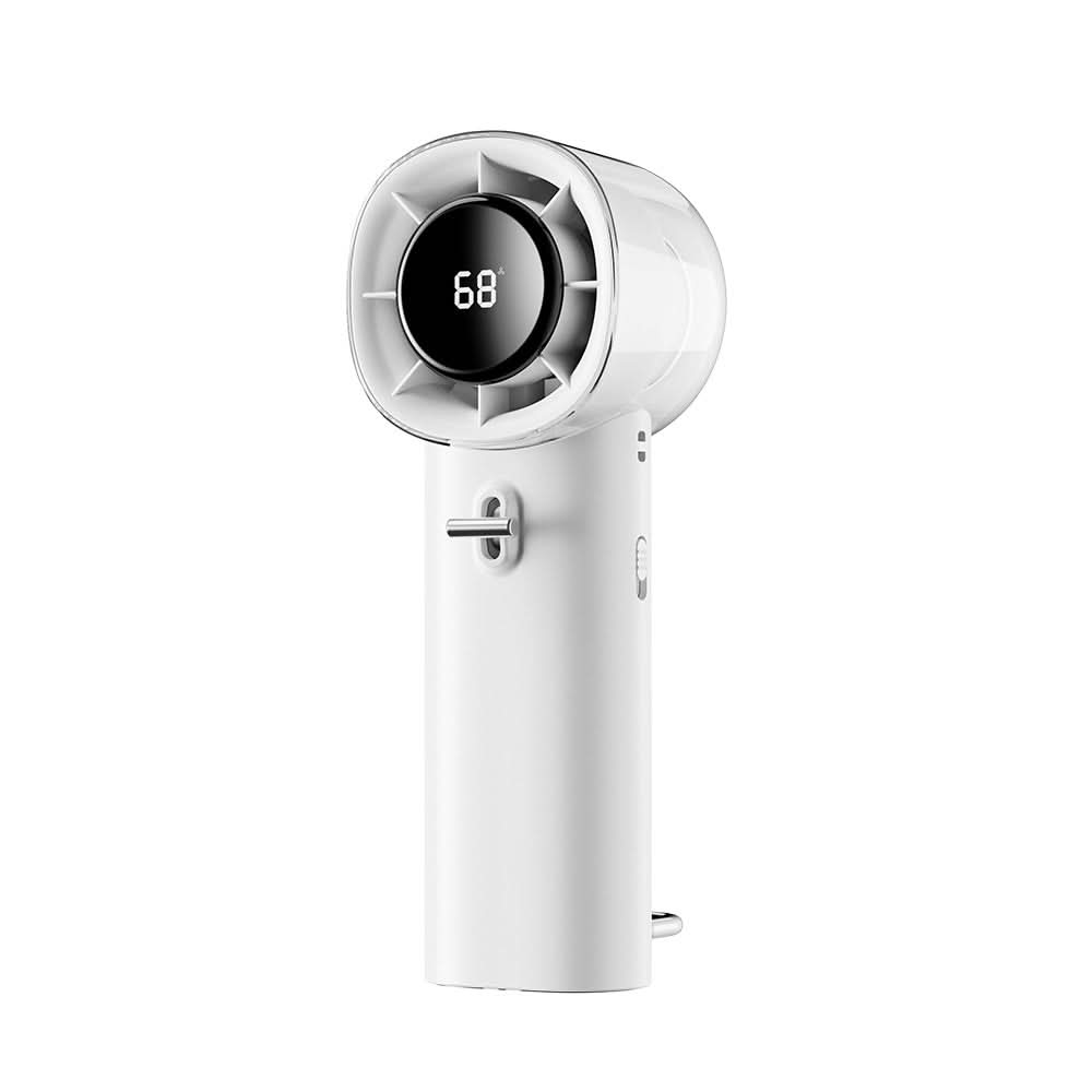 Ventilatore portatile ad alta velocità con raffreddamento, batteria agli ioni di litio, motore brushless, USB, bianco.