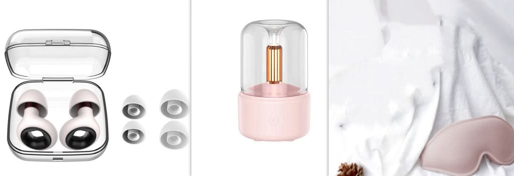 tappi per orecchie con custodia, diffusore di aromi a forma di candela con LED, maschera per occhi rosa
