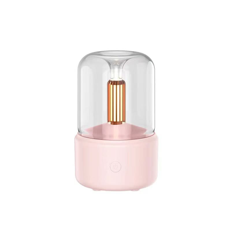 Diffusore aromi portatile 120 ml con effetto candela LED, 8-12 ore, nebulizzazione USB, corpo rosa con vetro