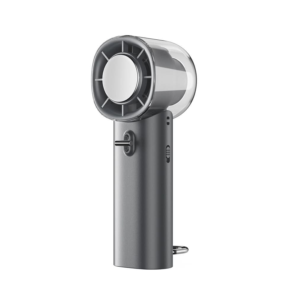 Ventilatore portatile ad alta velocità con raffreddamento, testa circolare trasparente e corpo grigio, motore brushless.