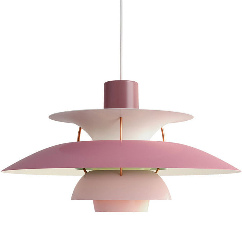 Lampada a sospensione in alluminio con dischi a strati rosa-bianco, rifiniture rame.