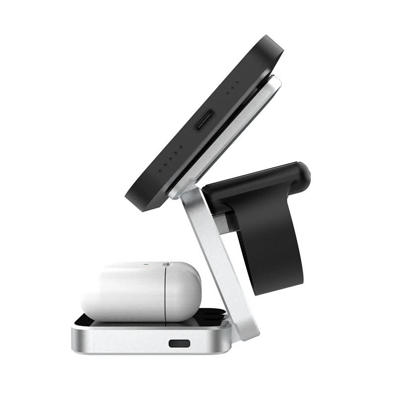 Stazione di ricarica wireless 3-in-1 pieghevole e magnetica: ricarica smartphone, auricolari e orologio, colore argento.