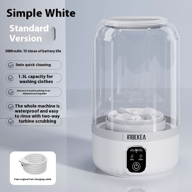 Lavatrice mini portatile wireless bianca con contenitore trasparente e pannello di controllo integrato.