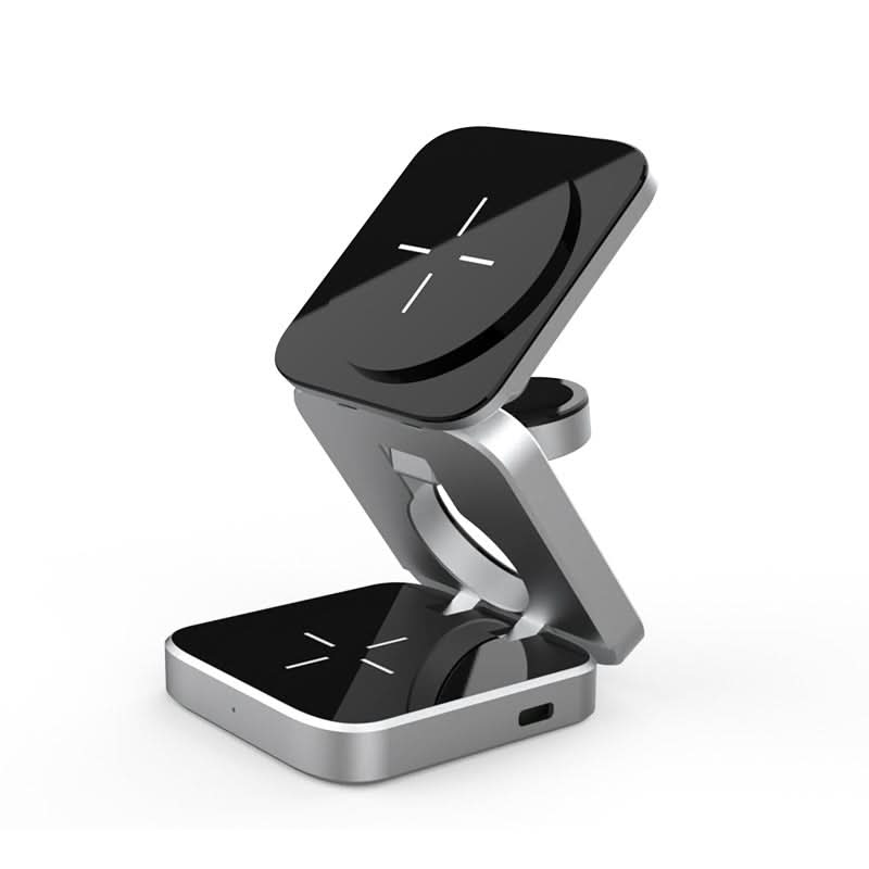Stazione di ricarica wireless 3-in-1 pieghevole e magnetica, per smartphone, auricolari orologi, colore argento.