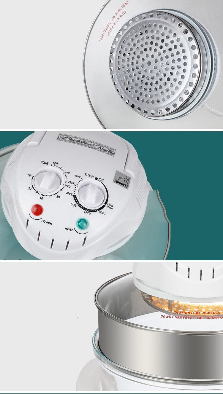 Forno a convezione in vetro, friggitrice ad aria con due manopole e interno metallico.