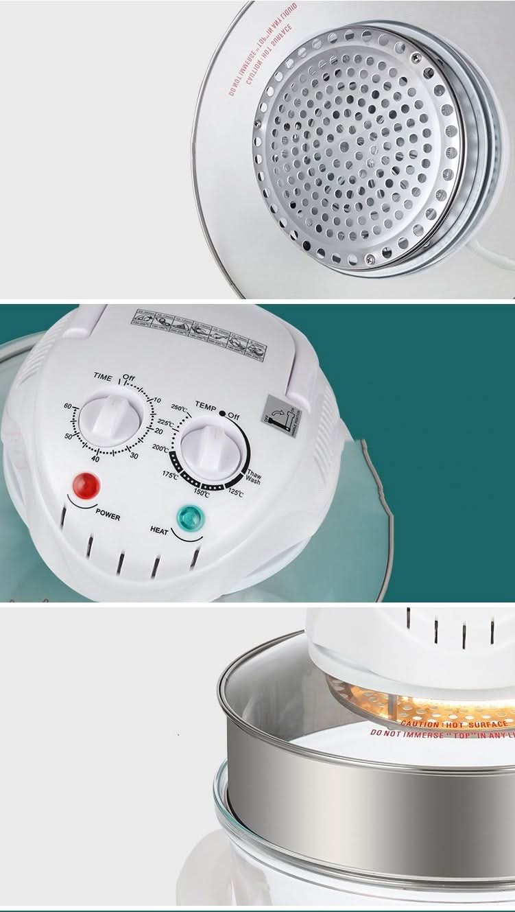Forno a convezione in vetro, friggitrice ad aria con due manopole e interno metallico.