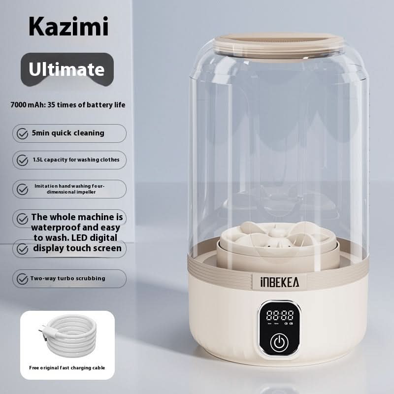 Lavatrice mini portatile wireless automatica, corpo bianco in plastica, USB, dimensioni 145×145×210 mm.