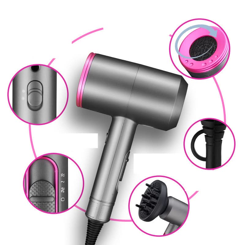 Asciugacapelli 1400W 110V/220V con diffusore e concentratore, corpo grigio-rosa, 3 impostazioni calore, 2 velocità