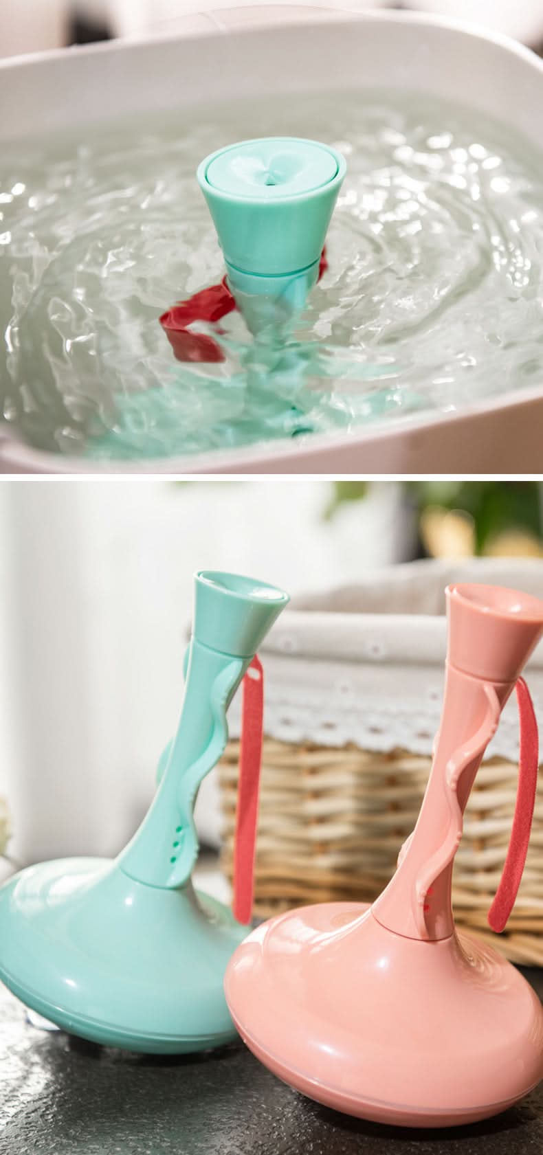 Lavatrice a vortice mini ad alta potenza alimentata USB (5V, 26W, 50Hz); colori verde macaron e rosa.