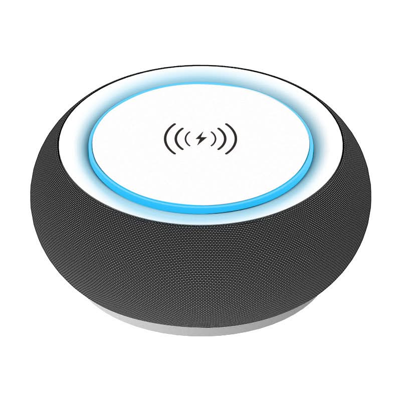 Altoparlante Bluetooth rotondo con tessuto scuro e anello blu luminoso sulla parte superiore bianca