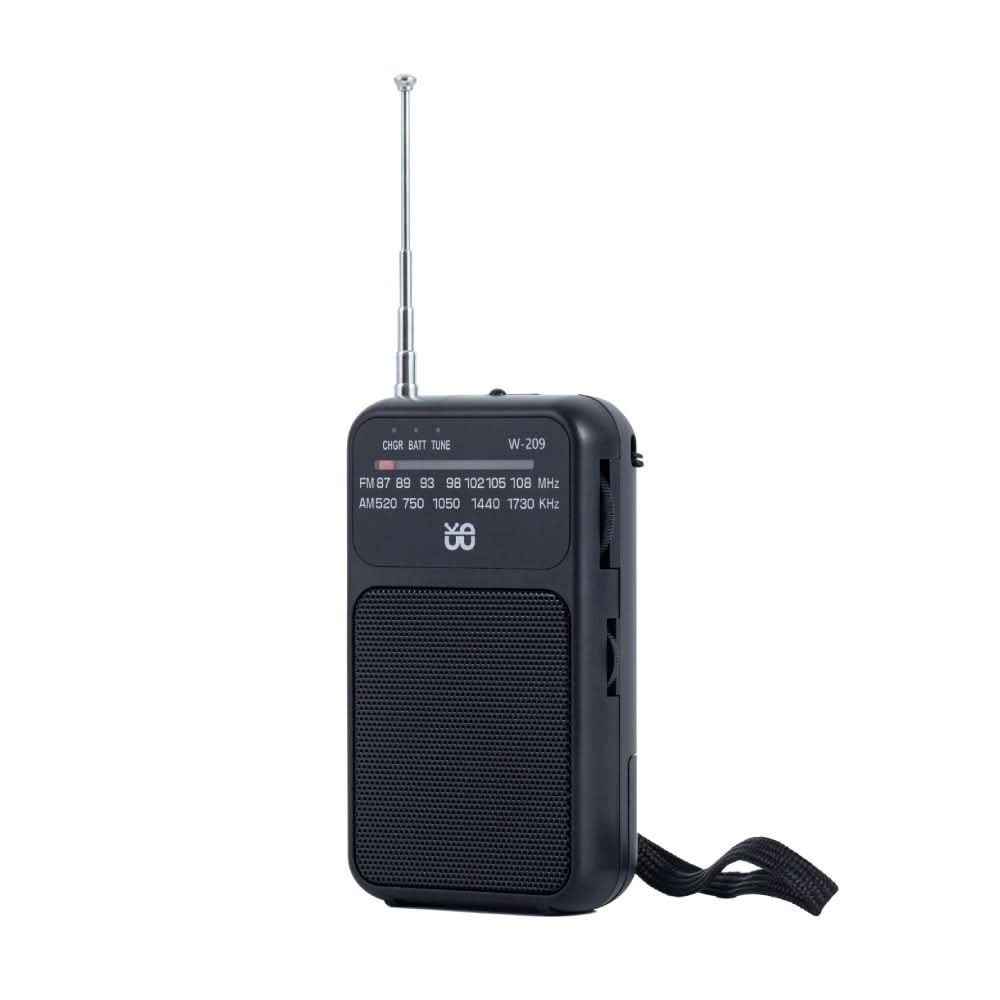 Radio portatile a doppia alimentazione con torcia, FM 87-108 MHz e AM 520-1730 kHz, colore nero.