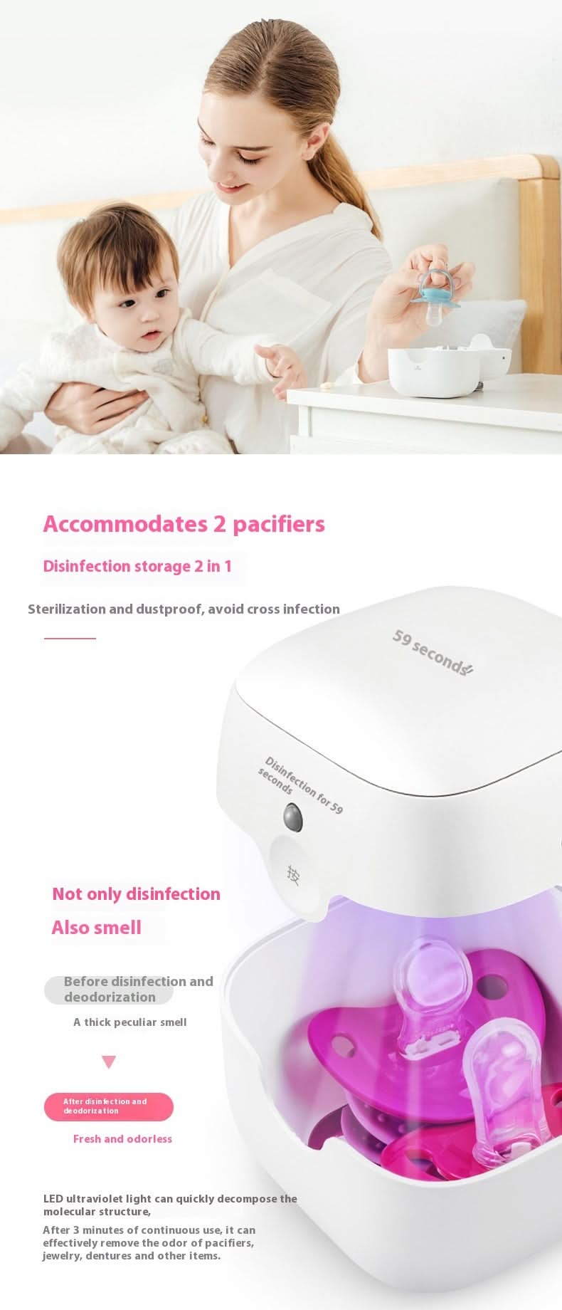 Scatola sterilizzante UV LED 59 Seconds per ciucci, USB, bianca sul comodino accanto al neonato